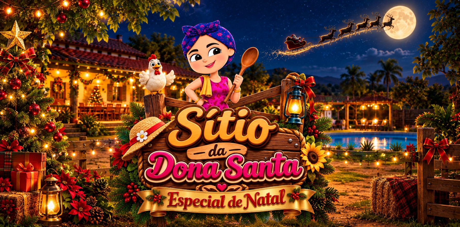 A placa do Sítio da Dona Santa decorada para o Natal, com pinheiro, luzinhas e o trenó do Papai Noel cruzando o céu
